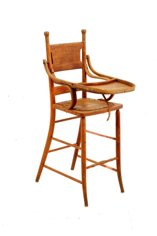 Antique Oak Handcrafted Highchair With Hide Seat