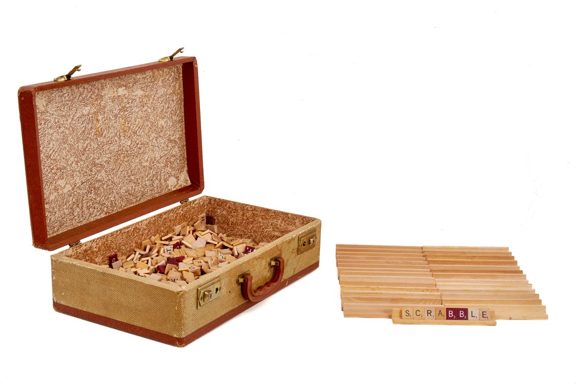 Wood Scrabble Tiles and Racks in Vintage Suitcase