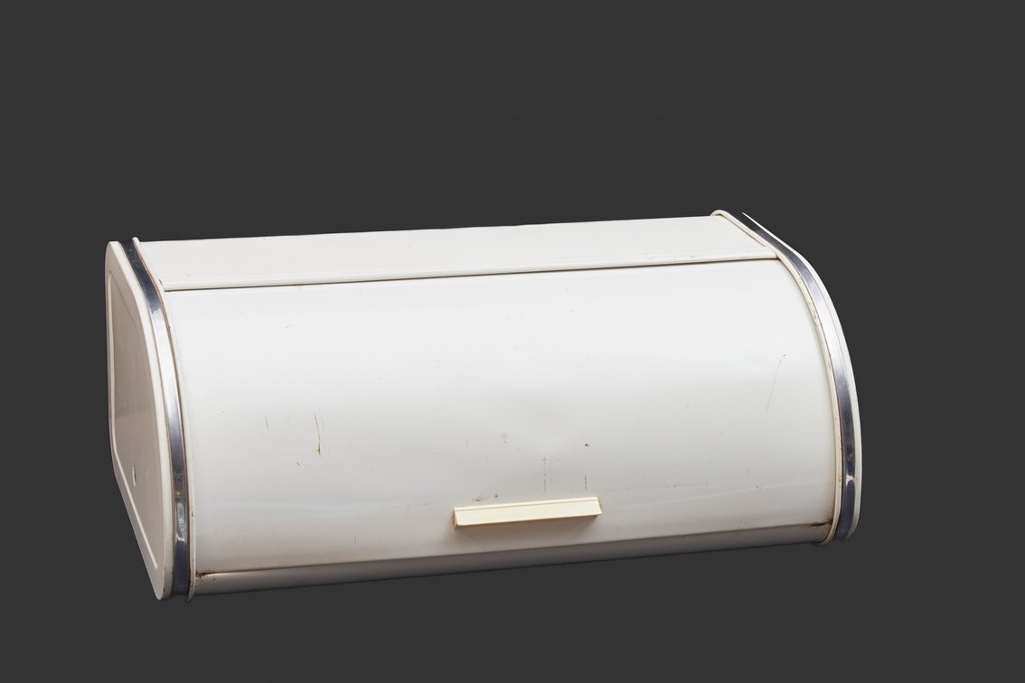 White Metal Roll-Top Bread Box with Chrome Trim