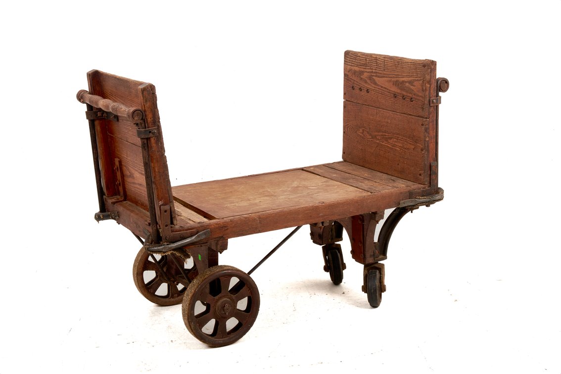 Antique Oak and Heavy Cast Iron Railroad Cart