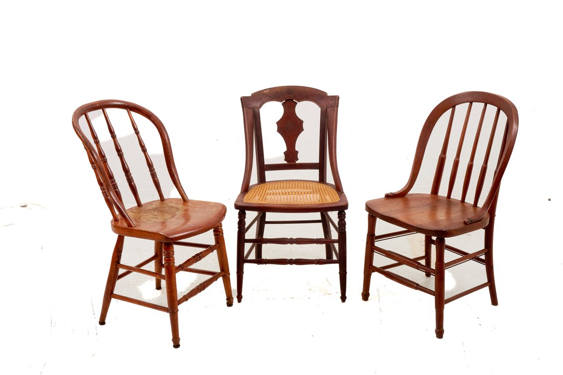 3 Mixed Old Wooden Side Chairs, Spindle & Cane