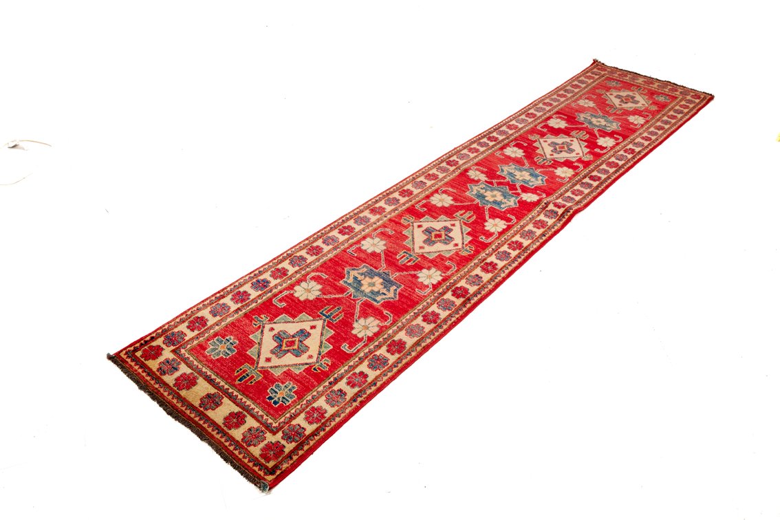 Red Geometric Runner Rug, 128" x 28" Floral Motif