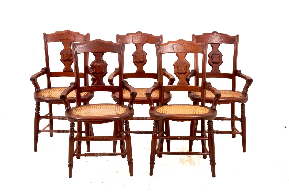 5 Burled Walnut Armchairs w/ Caned Seats