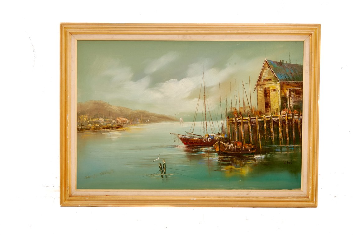 Framed Original Harbor Landscape by K. Roy