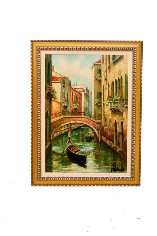 Mid-Century Framed Painting of Venice Canal Scene,