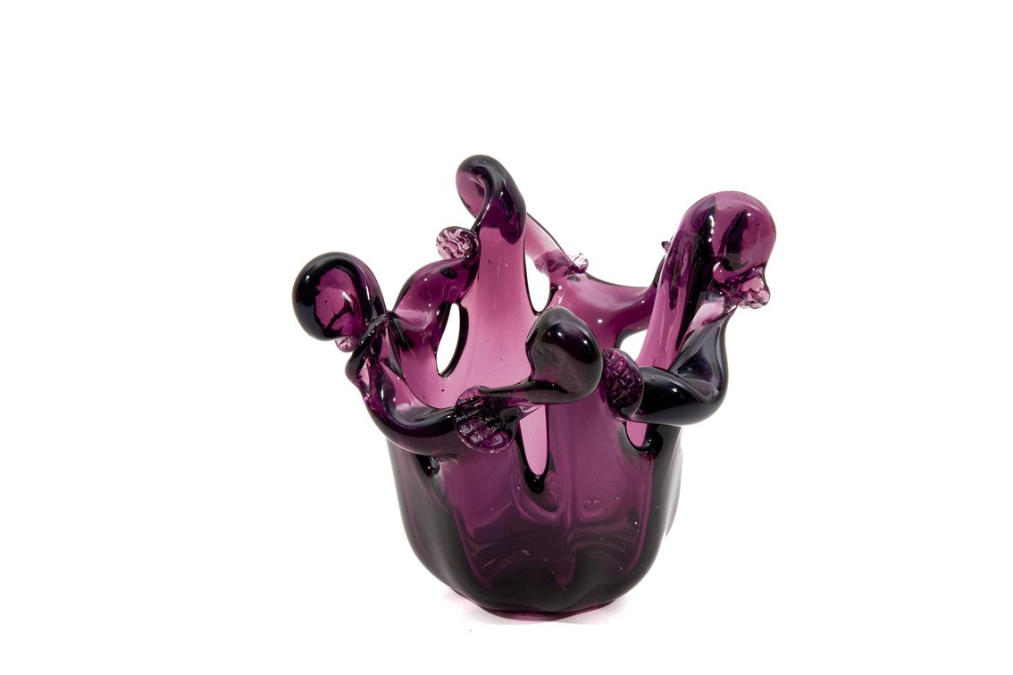 Murano Purple Art Glass Freeform Bowl with Label
