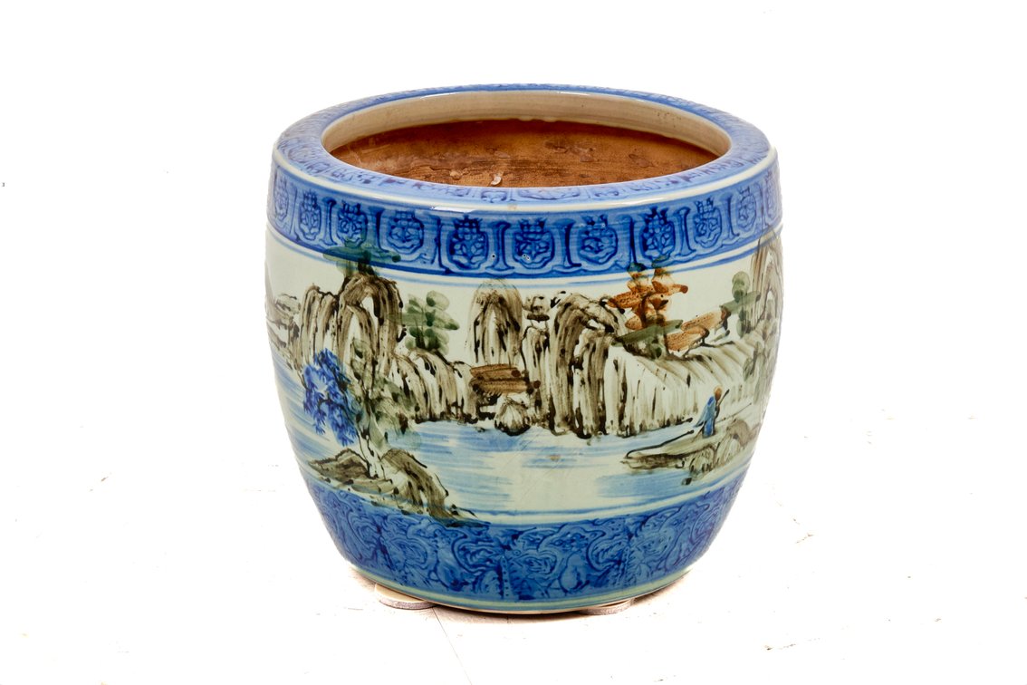 Vtg Chinese Blue/White Ceramic Fishbowl Planter