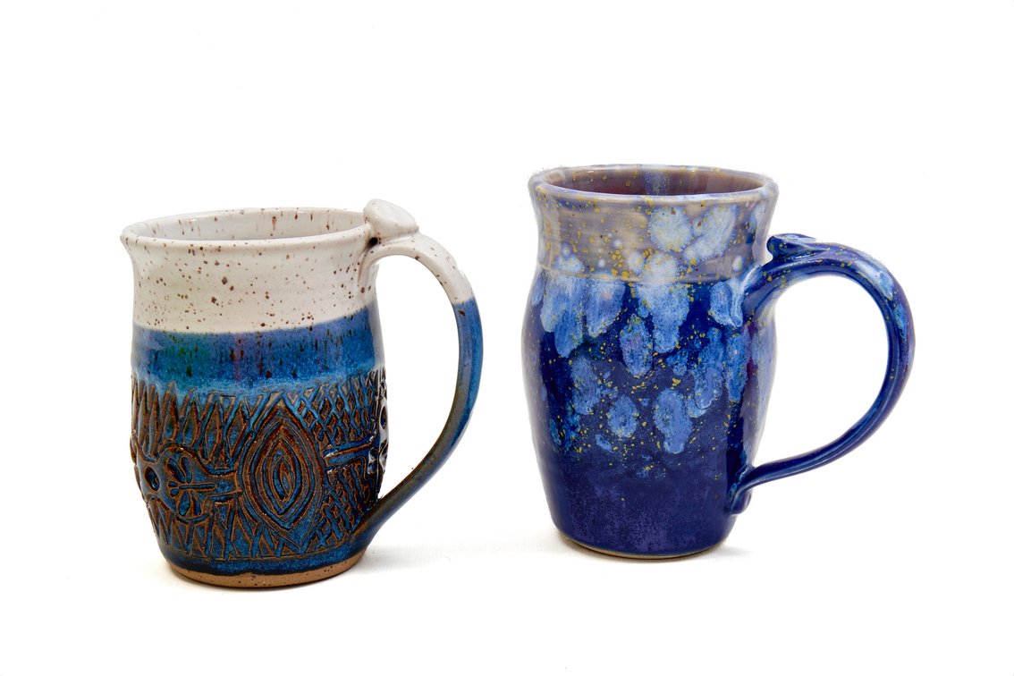 Studio Pottery Mugs With Unique Glaze Designs