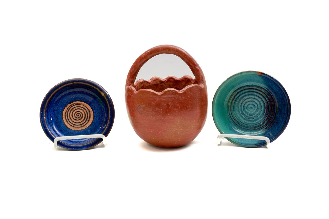Pottery Items w/Spiral Designs & Handled Basket