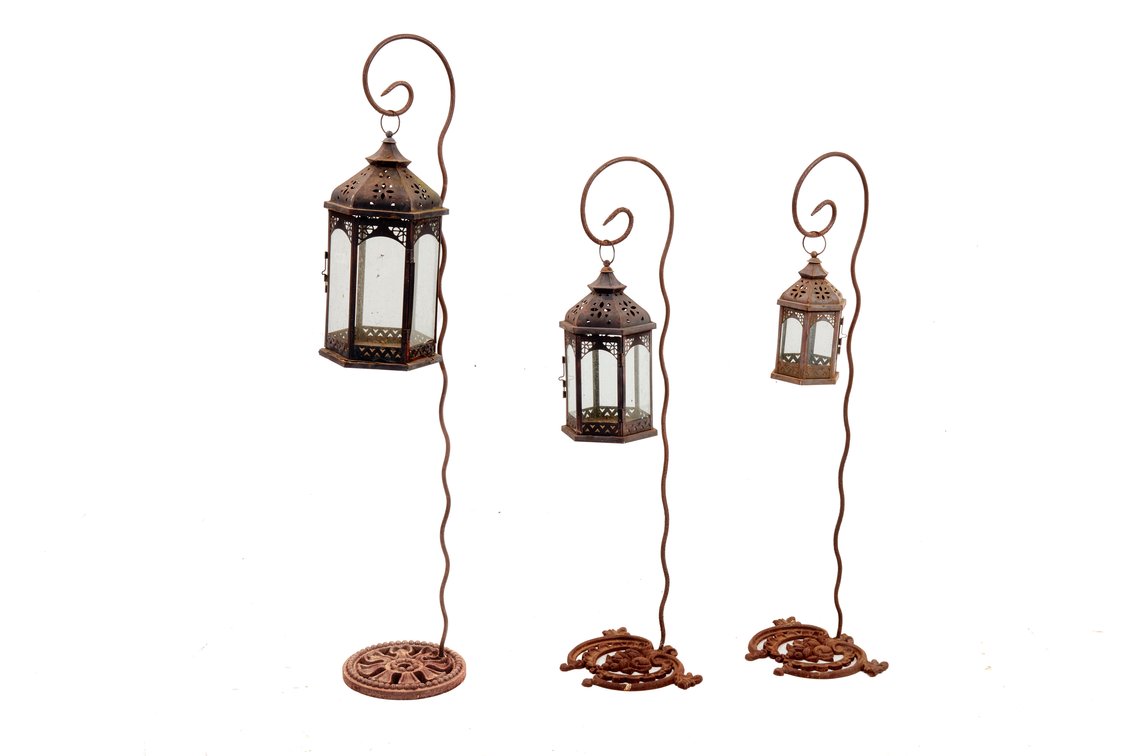 3 Vtg Standing Metal/Cast Iron Lantern Stands