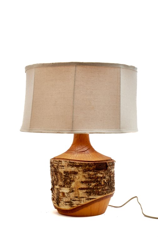 Mid-Century Solid Birch Tree Bark Table Lamp