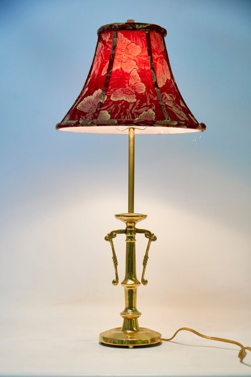 Brass Table Lamp With Red Floral Patterned Shade