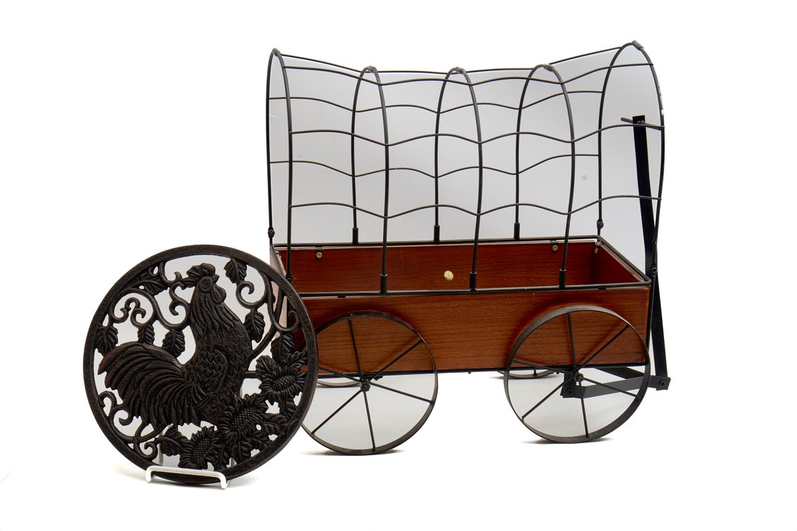 Metal Rooster Trivet and Miniature Covered Wagon