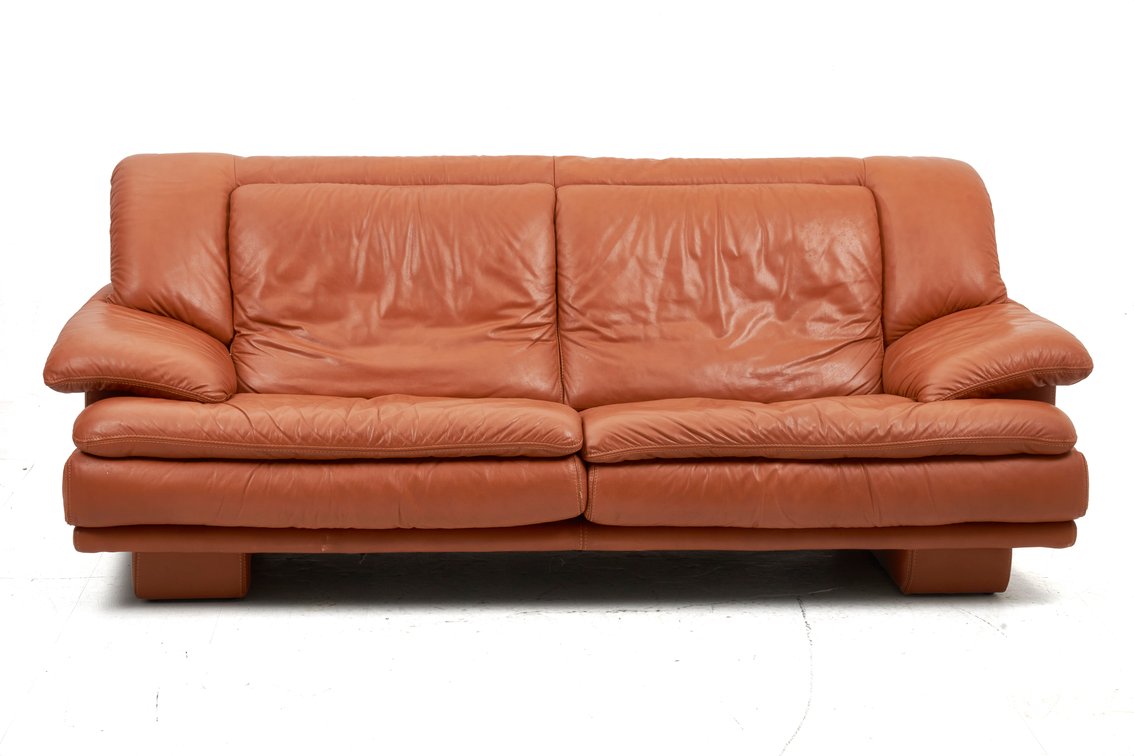 Cognac Natuzzi Italian Leather Overstuffed Sofa