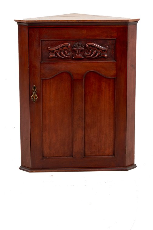 Carved Wood Corner Cabinet with Brass Hardware