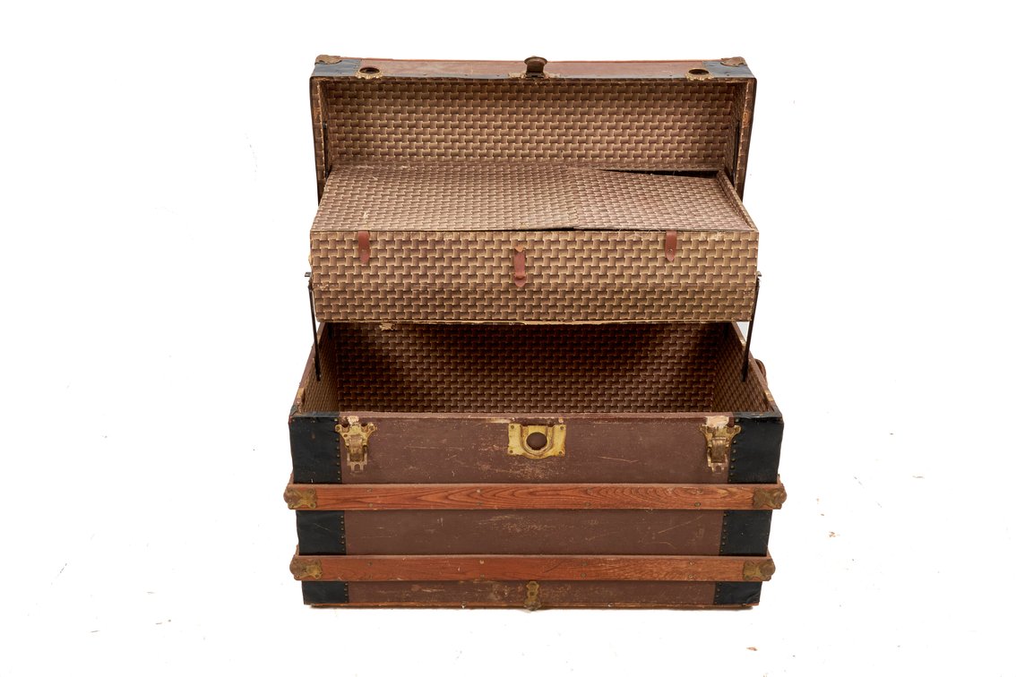 Wood and Metal-Bound Steamer Trunk with Tray