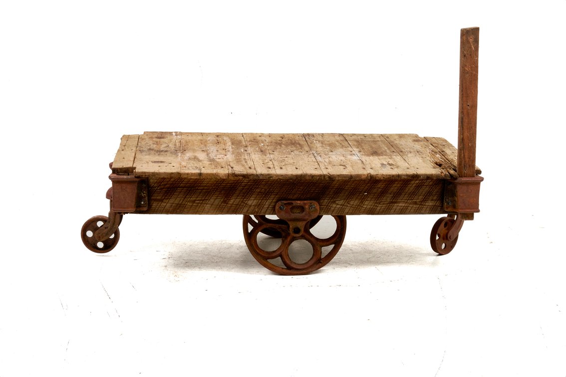Early Industrial Factory Cart with Iron Wheels