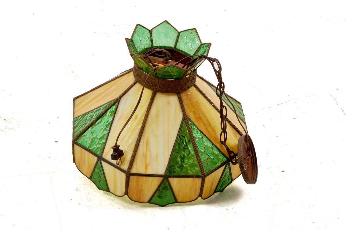 Pendant Light W/ Slag & Green Stained Glass Shade