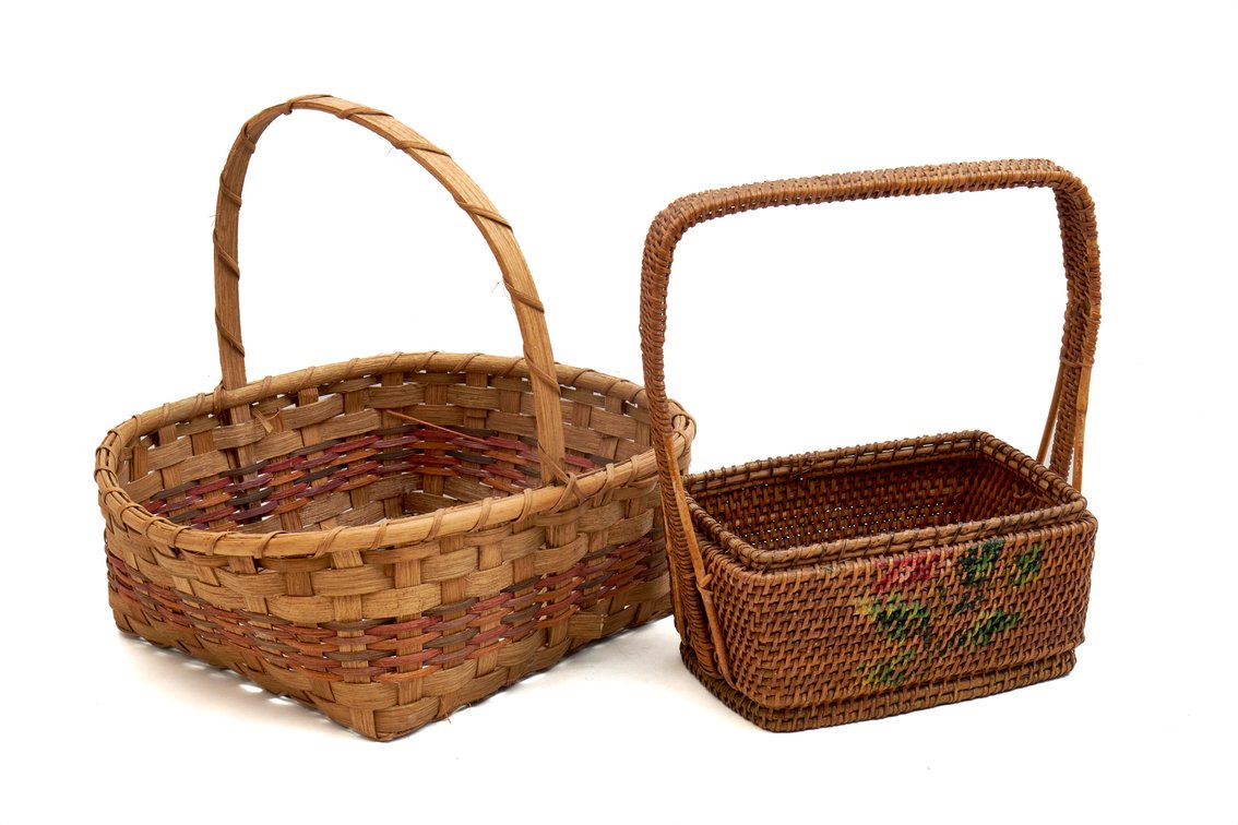 Lg Wood Split Gathering Basket + Vtg Hand Pntd Bas