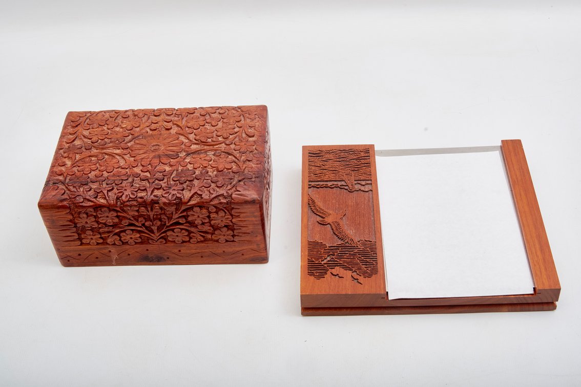 Walnut Desk Memo Pad Holder + Carved Wood Box