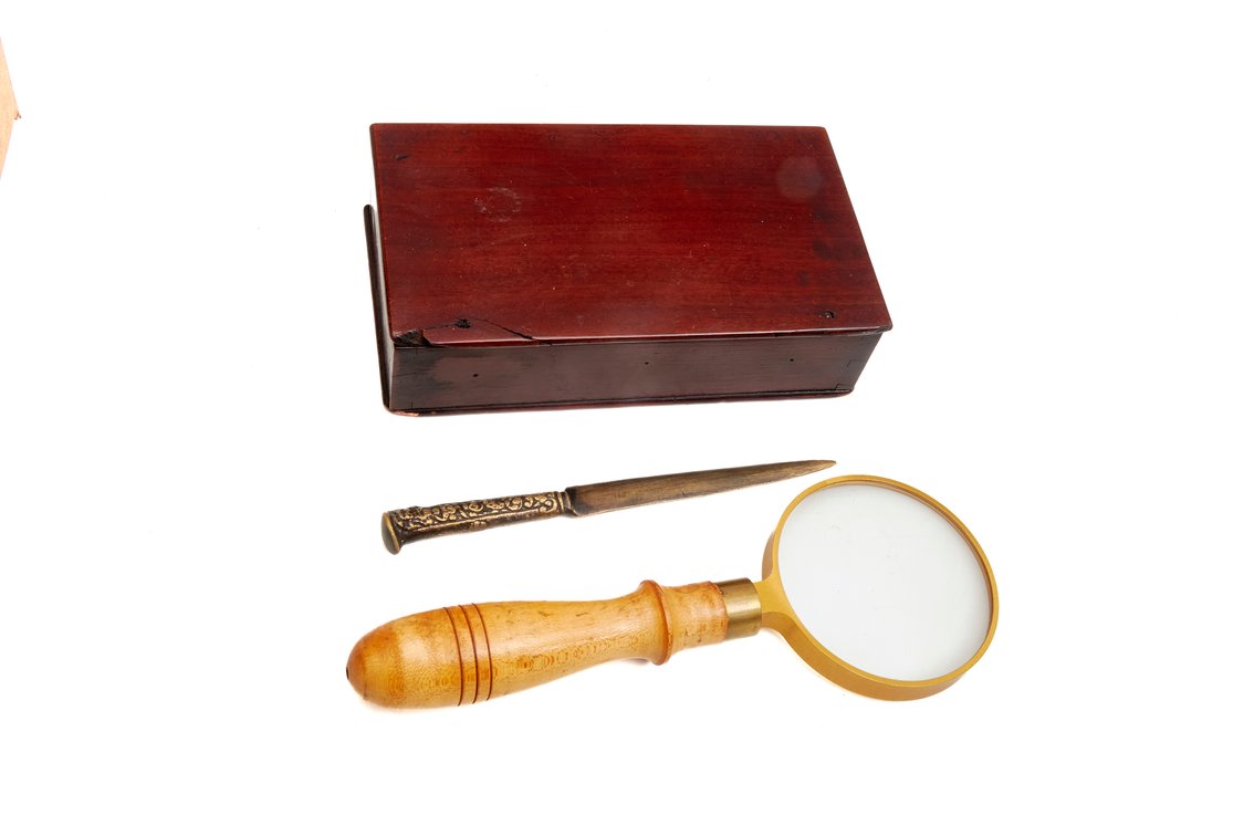 Antqiue Bronze Letter Opener, Stamp Box &Magnifier