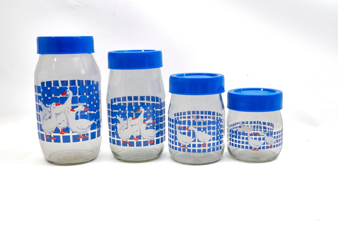 Blue Geese Vtg Canister Set Carlton Glass -Unused!