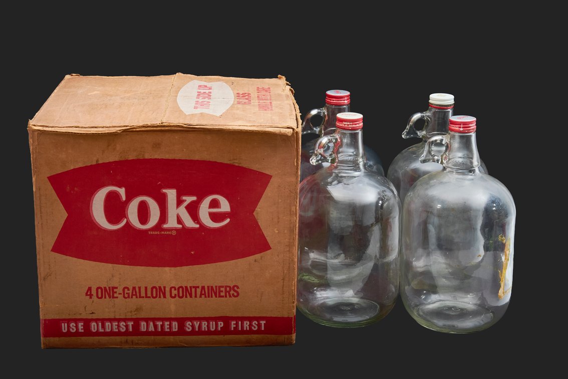 4 Coca Cola Glass Syrup Jugs in Orig Shipper Box