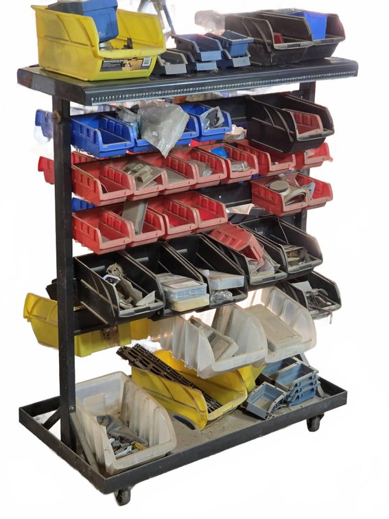 Rolling Metal Rack With Parts Bins, Hardware