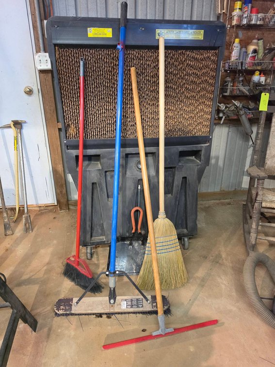 Cleaning Tools Lot: Brooms, Dustpans, Squeegee