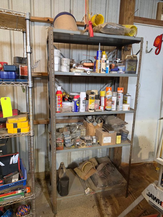 Metal Storage Shelf With Assorted Garage Contents