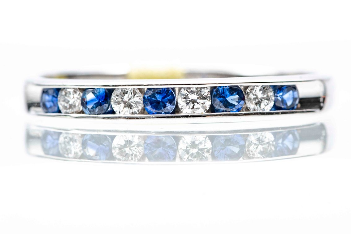 14K W. Gold Ring With Diamonds & Sapphires- 2.7 G