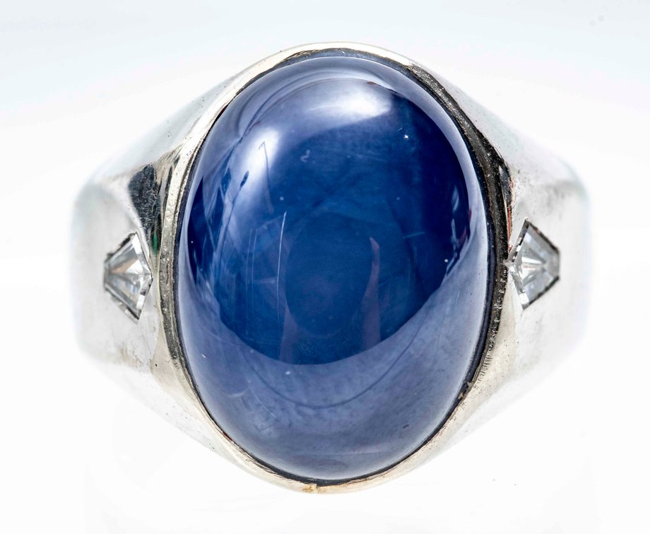 Blue Star Sapphire & 14K White Gold Ring- 12.2 G