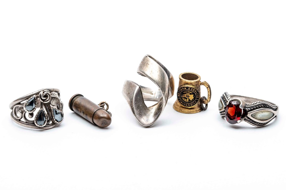 3 Sterling Rings + Vintage Charms-WCU & .25 Cal