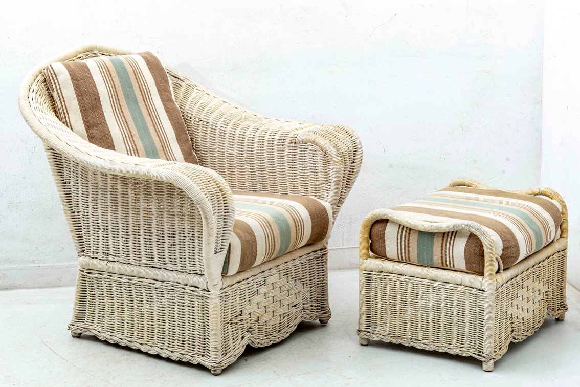 Creamy White Wicker Armchair w/Cushions & Ottoman
