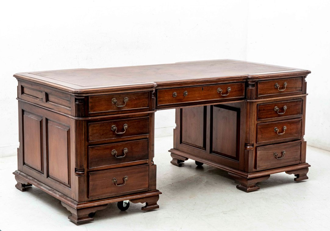 English Paneled Leather Top Partner's Desk