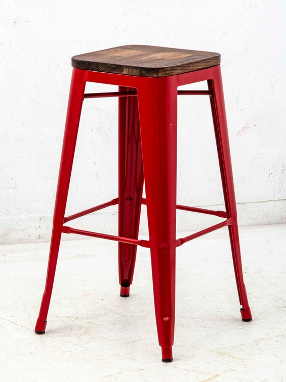Industrial Red Stool w/ Wood Seat