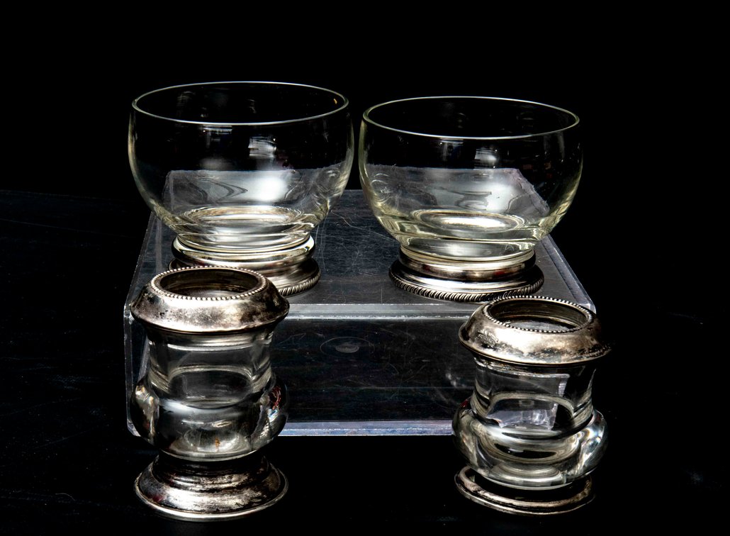 4 Sterling & Glass Bowls & Cups- Whiting, B-I & mo