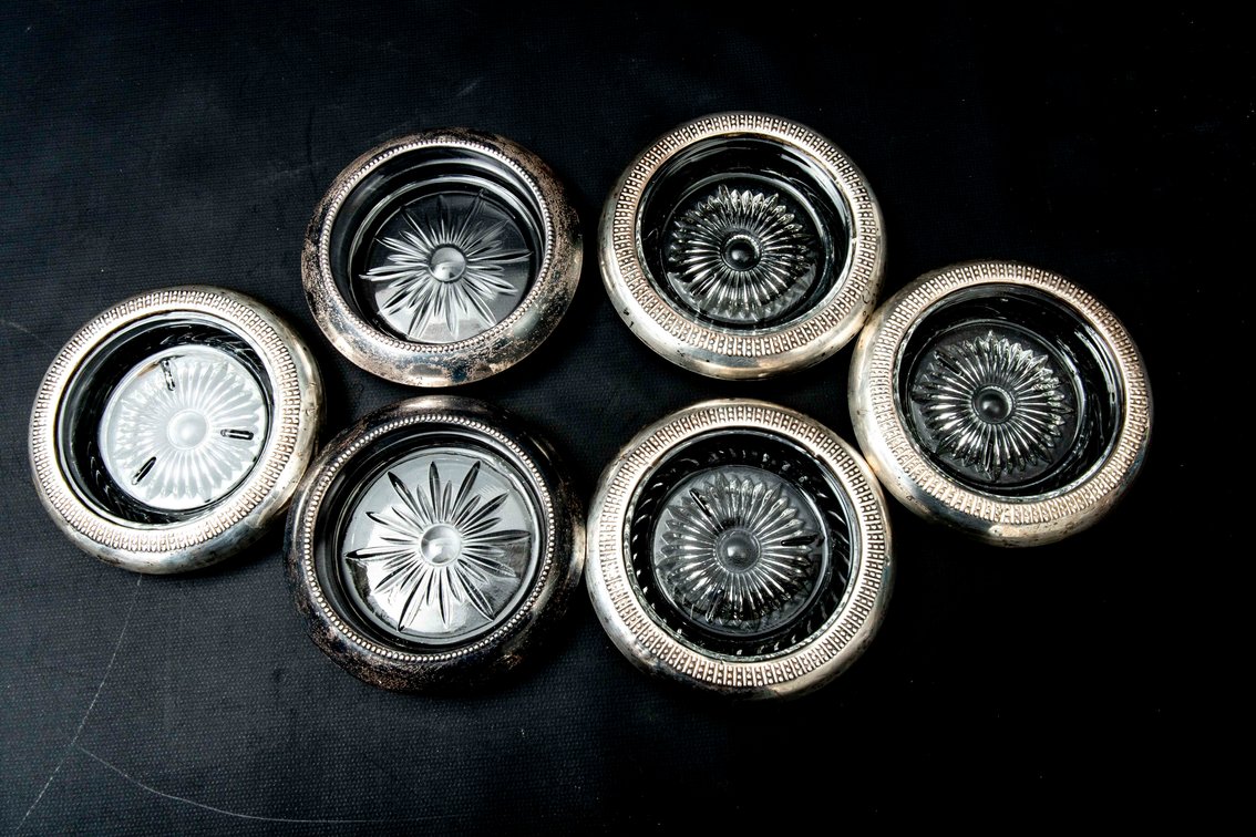 Six Glass Coasters with Sterling Rims