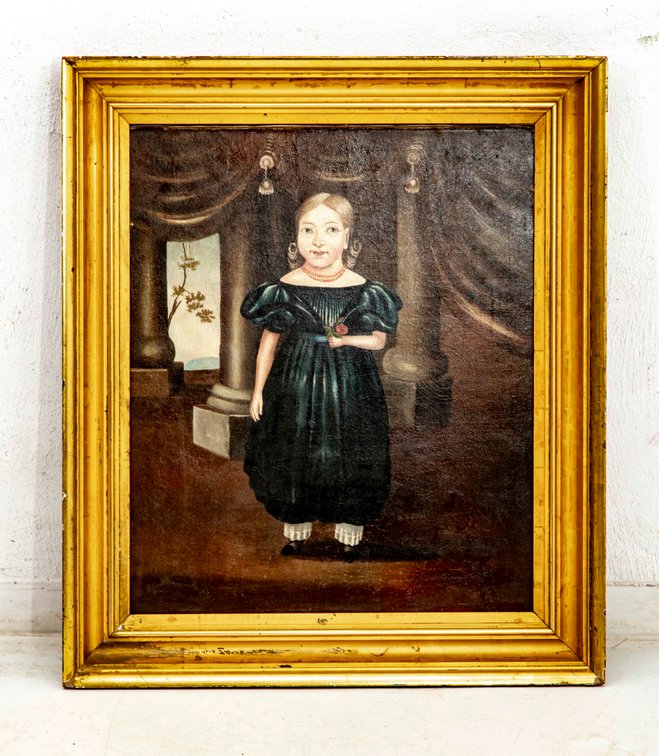 1800's Girl in Blue Dress Portrait Lg Framed Painting