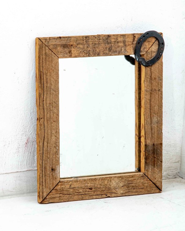 Barnwood Framed Mirror with Horseshoe in Corner