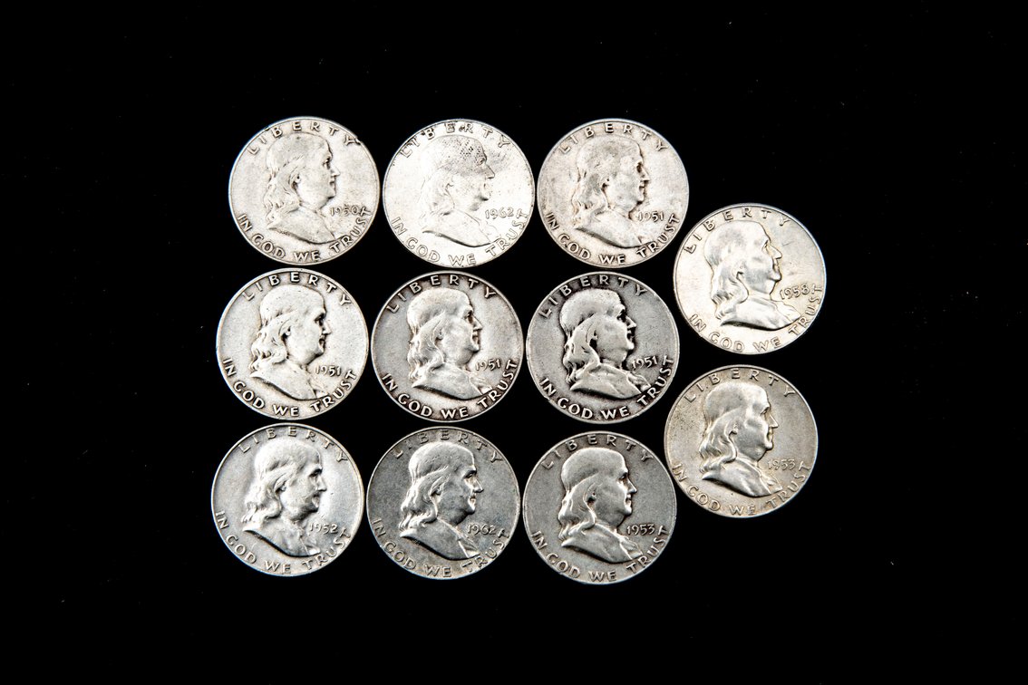 11 Franklin Silver Half Dollars