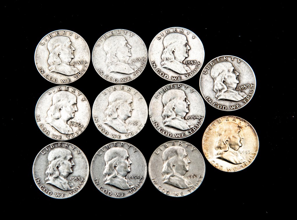 11 Franklin Silver Half Dollars