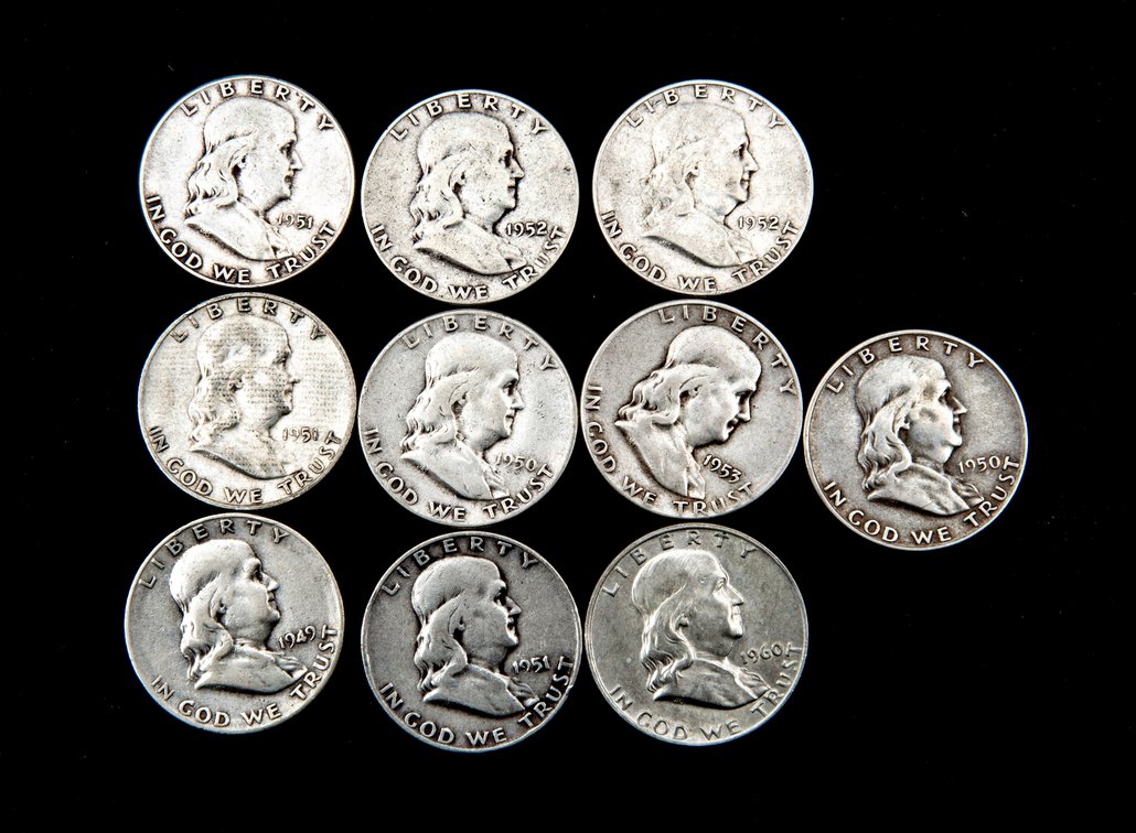 10 Franklin Silver Half Dollars