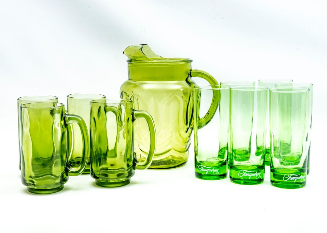 Vintage Green Glass Pitcher, Glasses & More