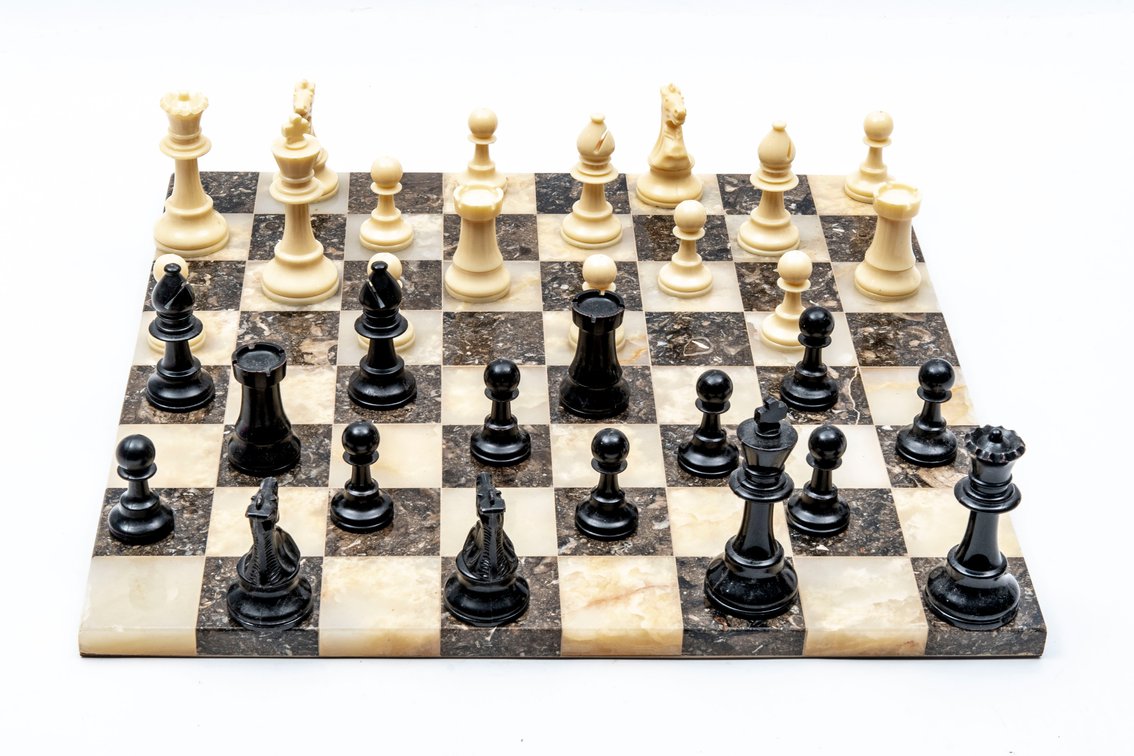 Marble & Alabaster Chess Board w/ Playing Pcs