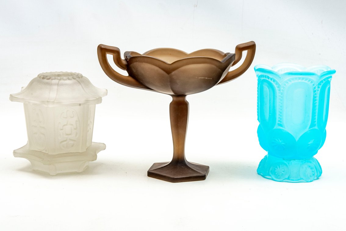 Satin Glass Fairy Lamp, Footed Bowl & Vase