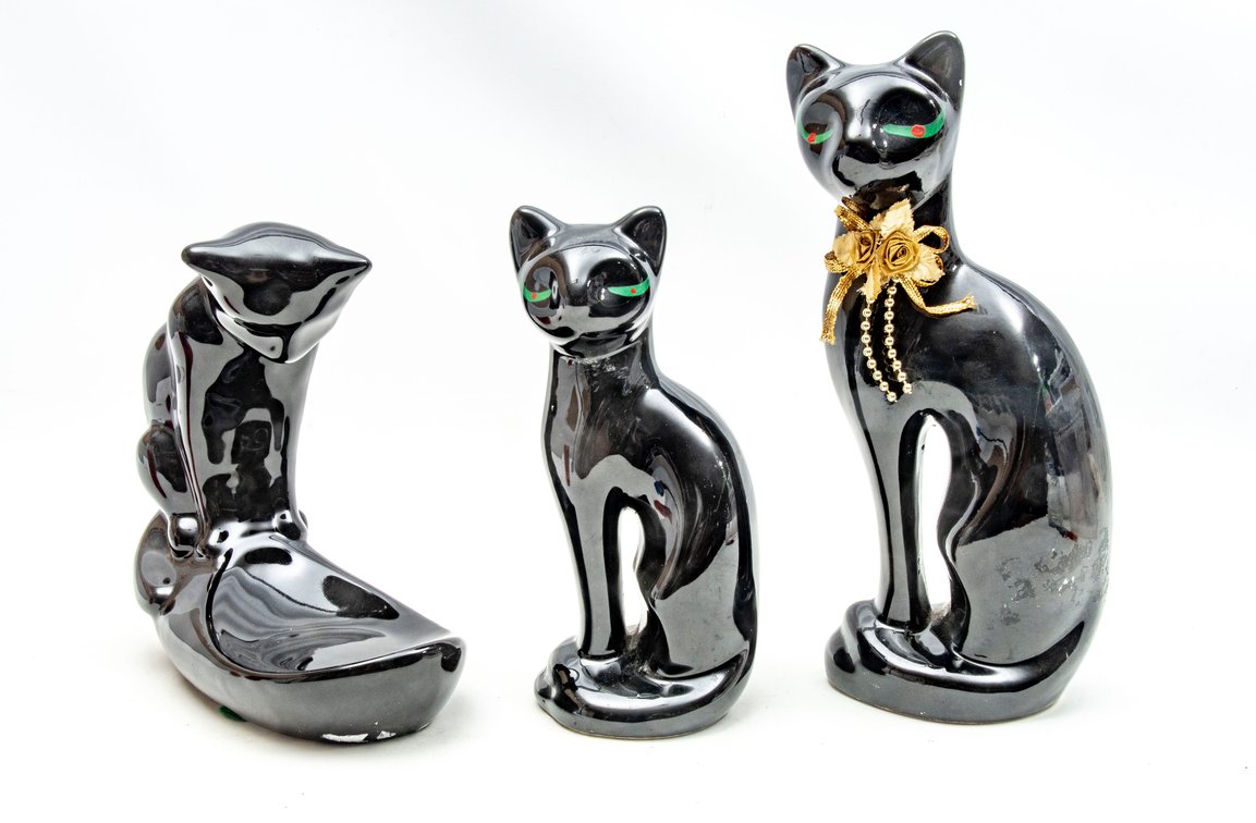 3 Vintage Black Ceramic Cats