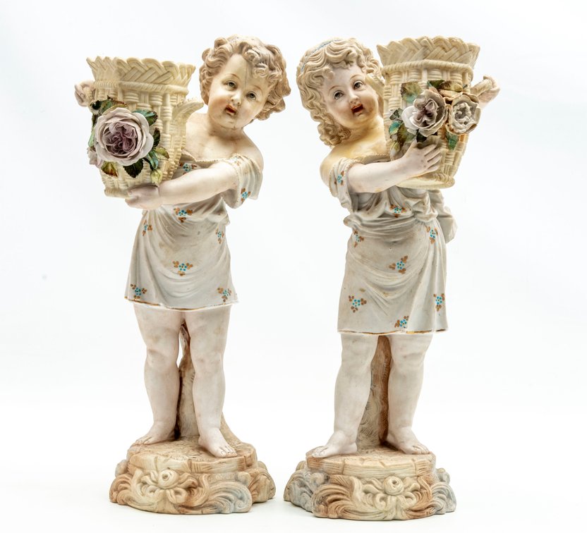 Heubach Bisque Piano Boy & Girl Spill Vases