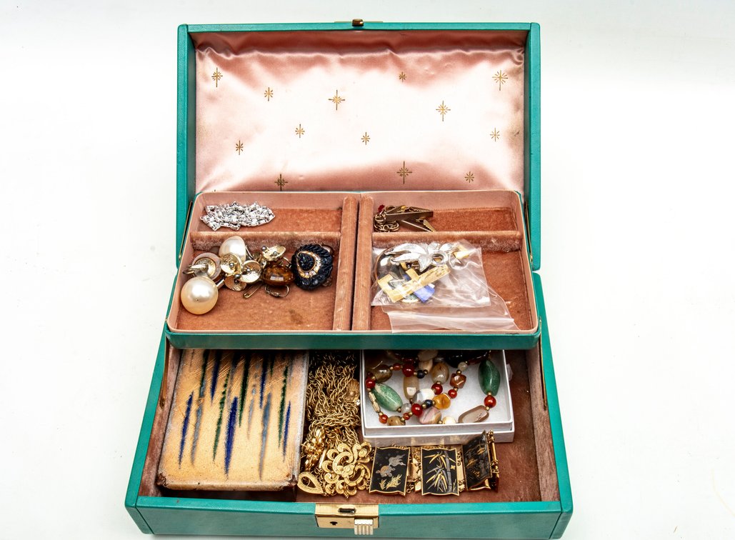 Vintage Jewelry Box- w/ Jewelry, Copper Box & More