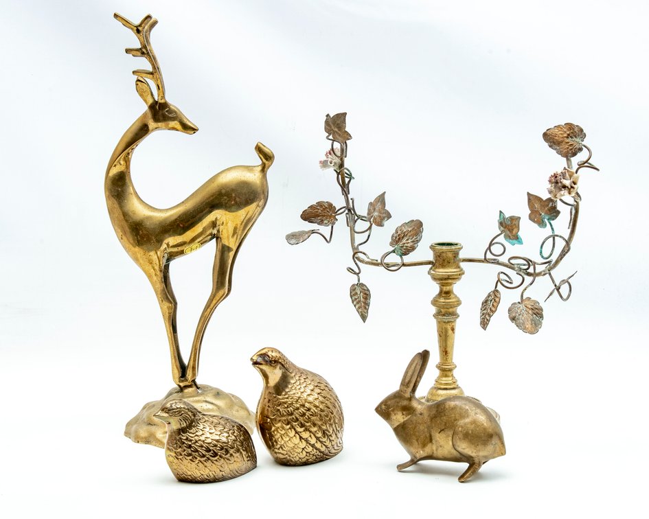 Brass Rabbit, 2 Quail, MCM Brass Reindeer +